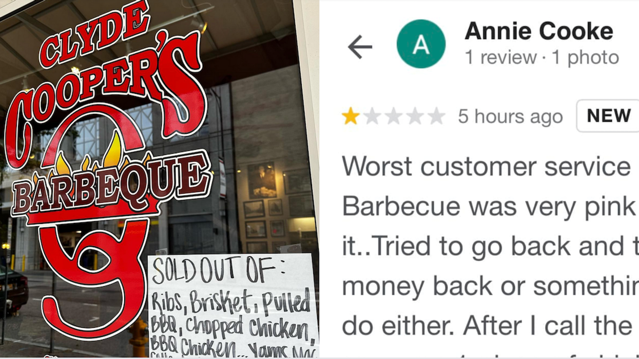 Clyde Cooper's BBQ storefront; Screenshot of Annie Cooke's negative Yelp review