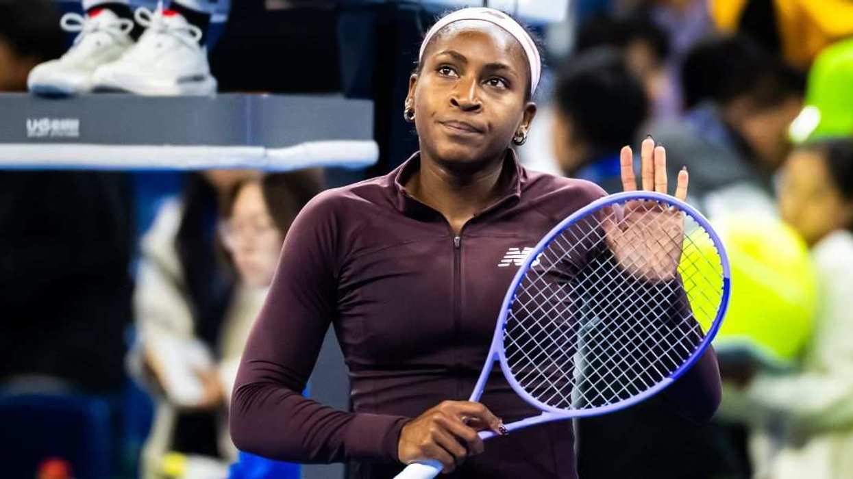 Coco Gauff of the United States reacts to defeating Xinran Sun of China in the third round of the China Open at the National Tennis Center.