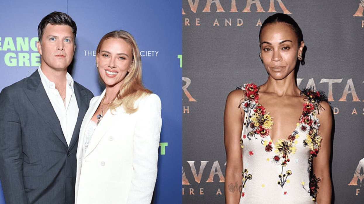 Colin Jost and Scarlett Johansson; Zoe Saldaña