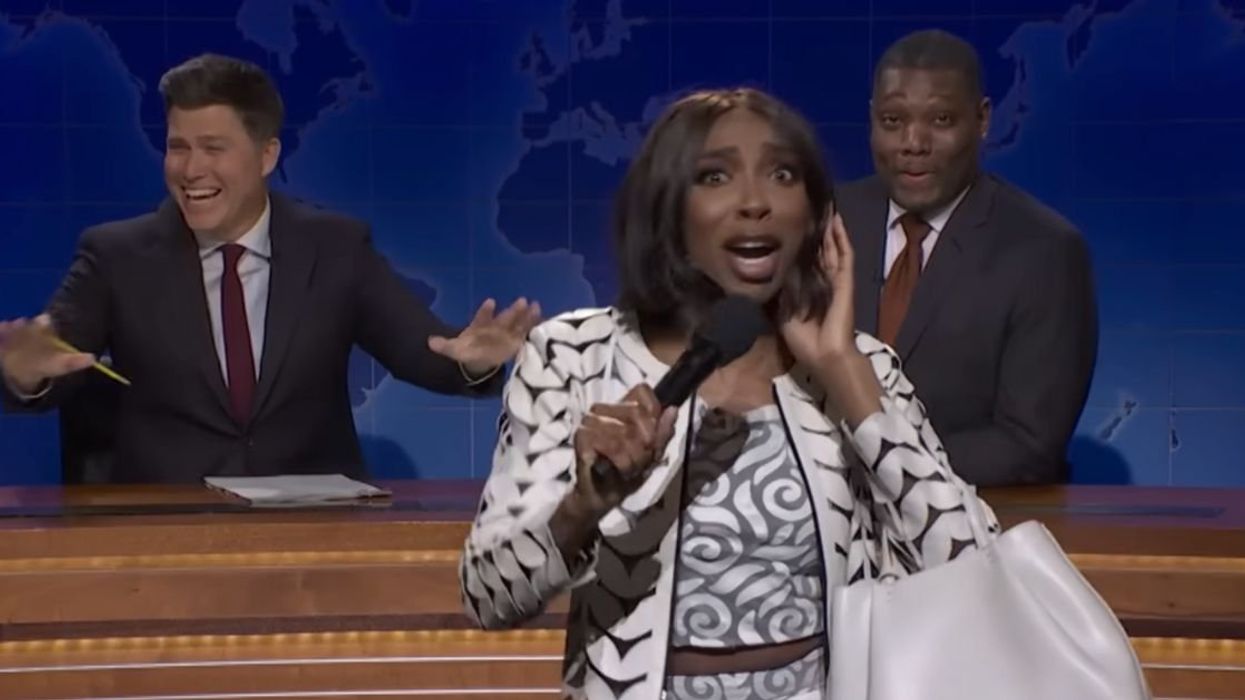 Colin Jost, Ego Nwodim, and Michael Che during 'Weekend Update' on 'SNL'