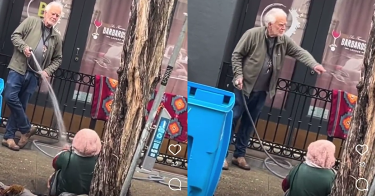 Collier Gwin spraying an unhoused woman with a hose 