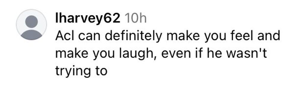 Comment by lharvey62 praising Acl's humor and emotional impact.