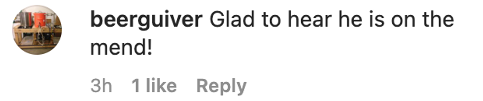 Comment from user beerguiver "Glad to hear he is on the mend!"