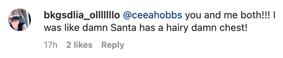 Comment from user bkgsdlia_olllllllo "@ceeahobbs you and me both!!! I was like damn Santa has a hairy damn chest!"