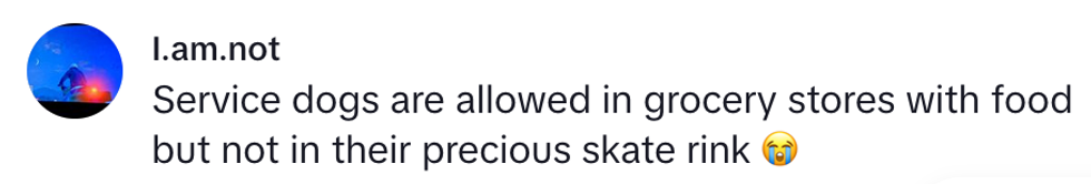 Comment on service dogs allowed in stores but not in skate rinks, with crying emoji.