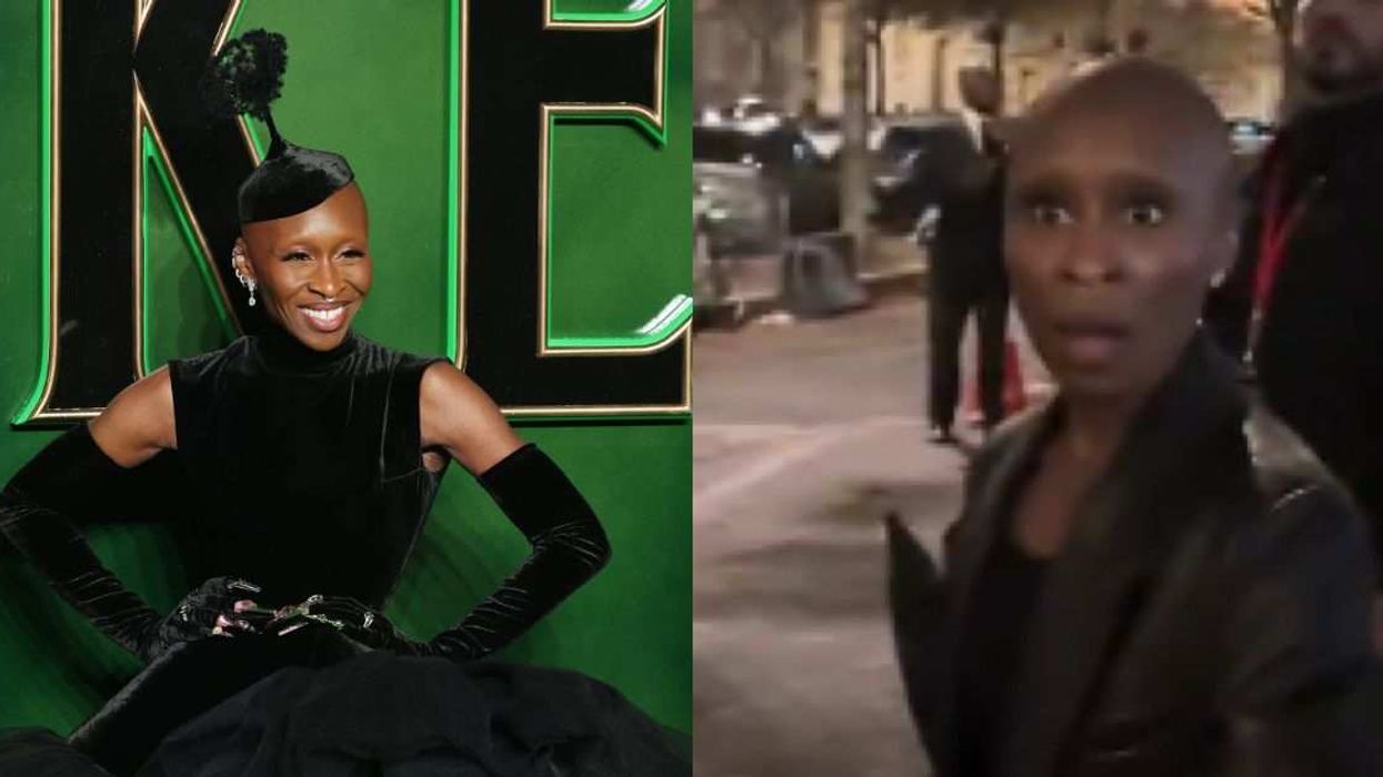 Cynthia Erivo at the Wicked London premiere in November 2024 (left) — and her priceless reaction in Paris nearly a year later upon discovering a fan had found her long-lost Schiaparelli hat (right).