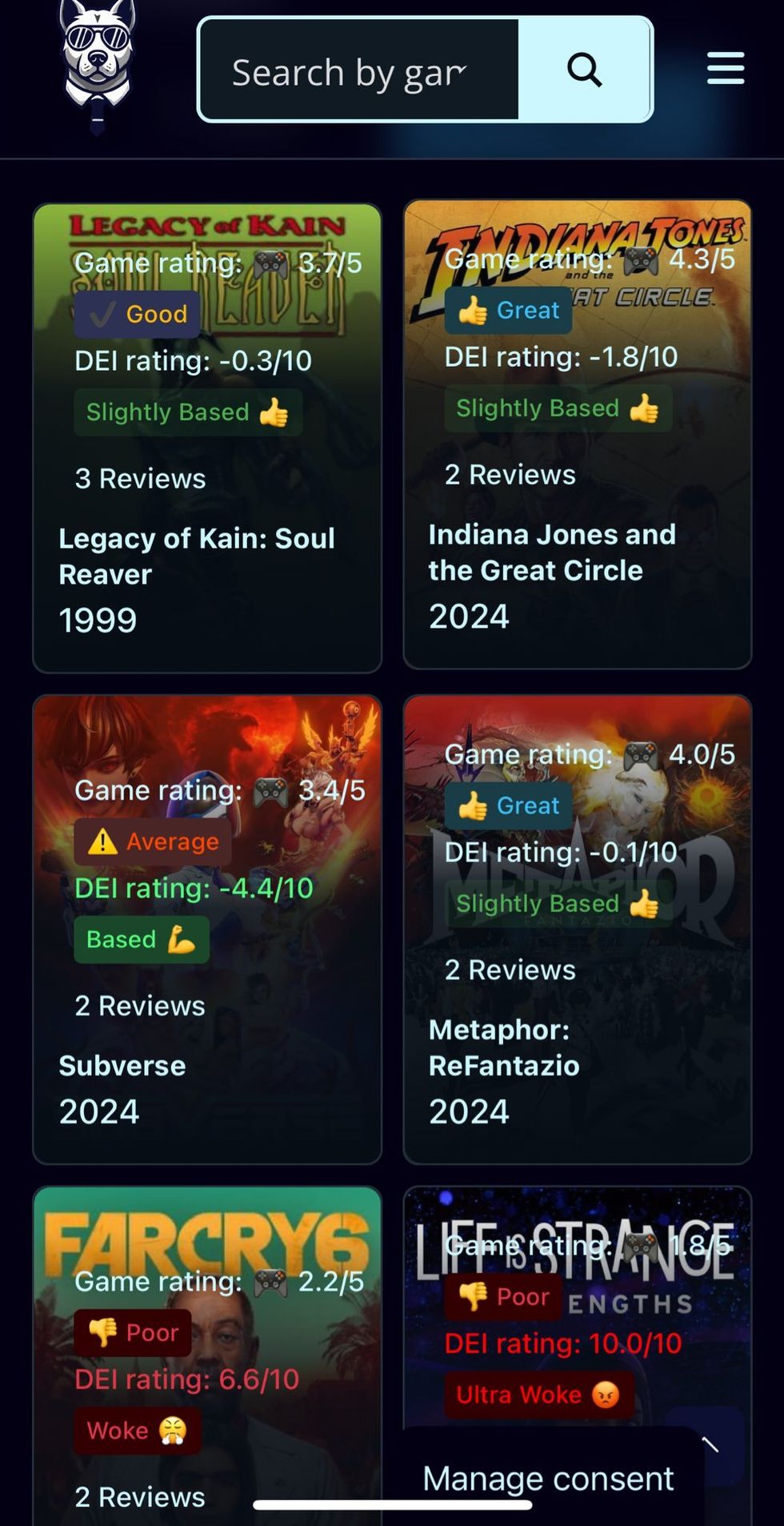 DEI Watchdog's ratings of several games