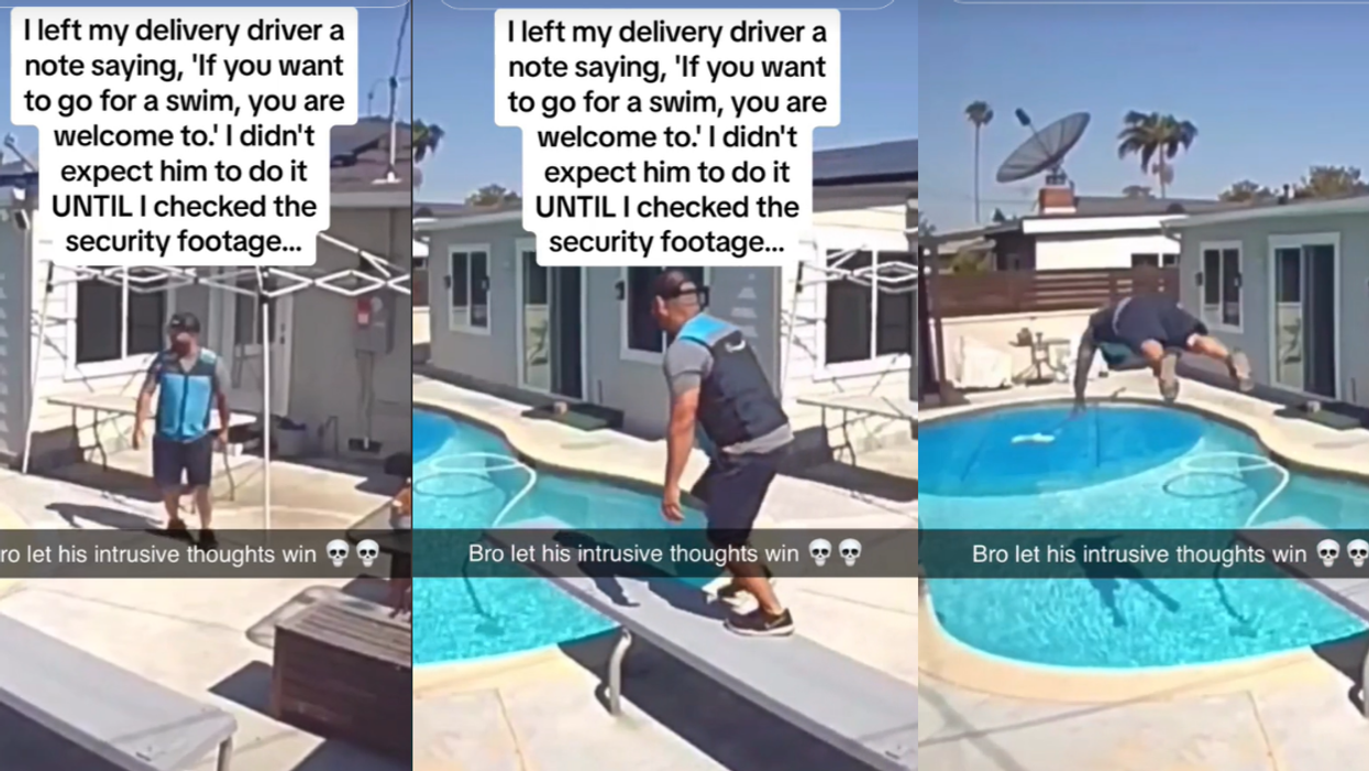 Delivery driver jumps into pool to cool off