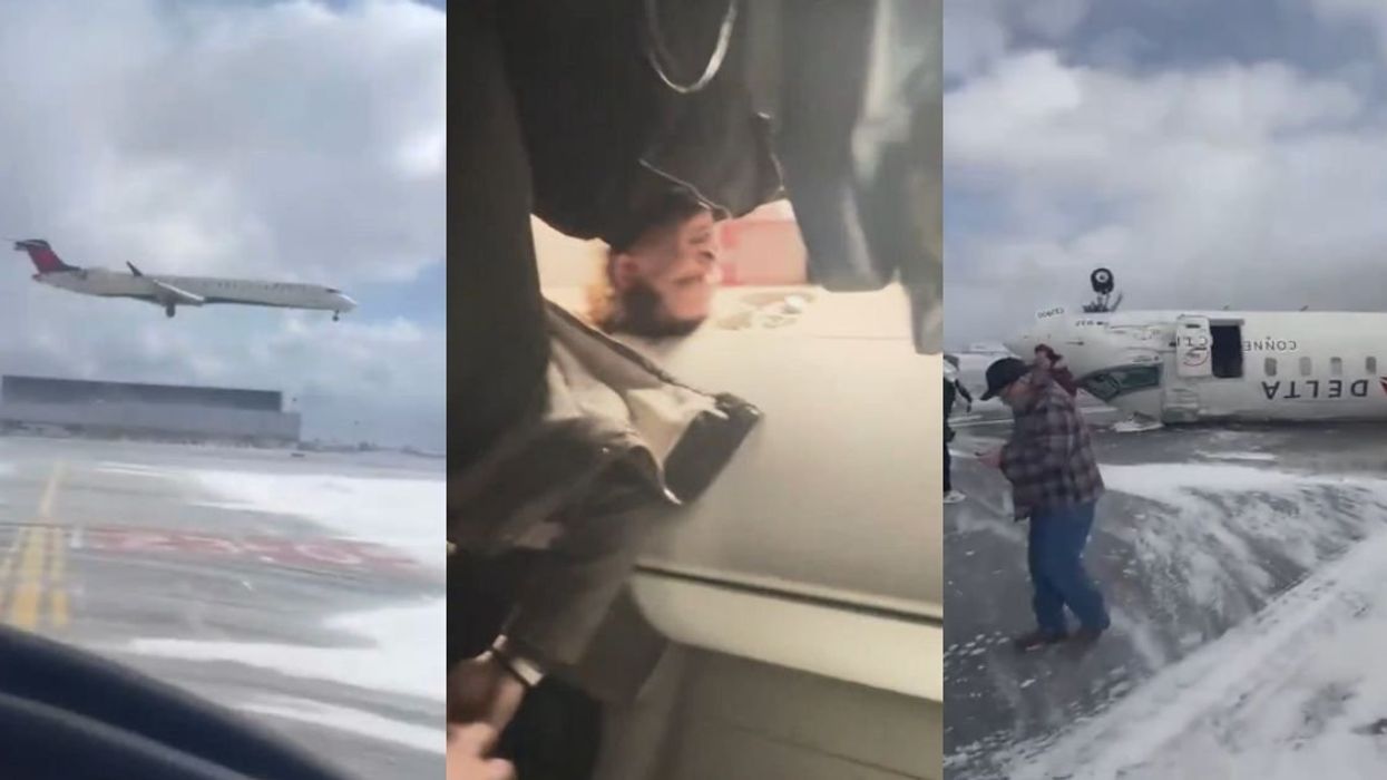 Delta jet landing; Passengers upside down in seats; Upside down jet on tarmac