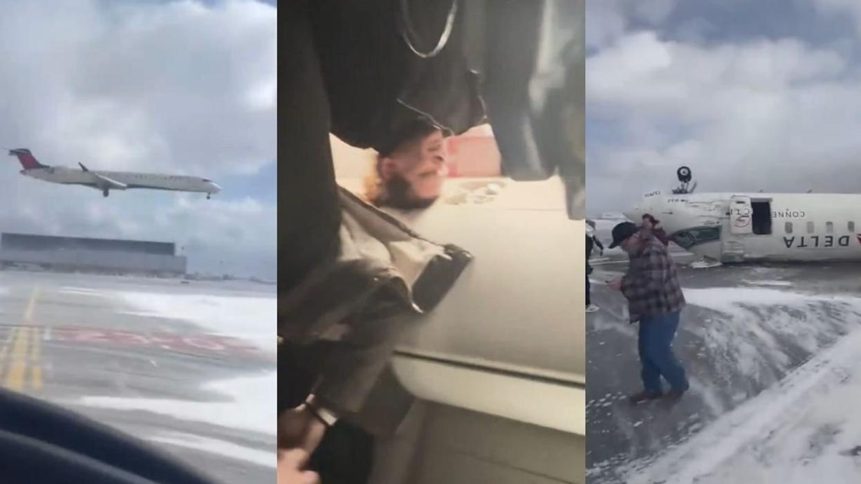 Delta jet landing; Passengers upside down in seats; Upside down jet on tarmac