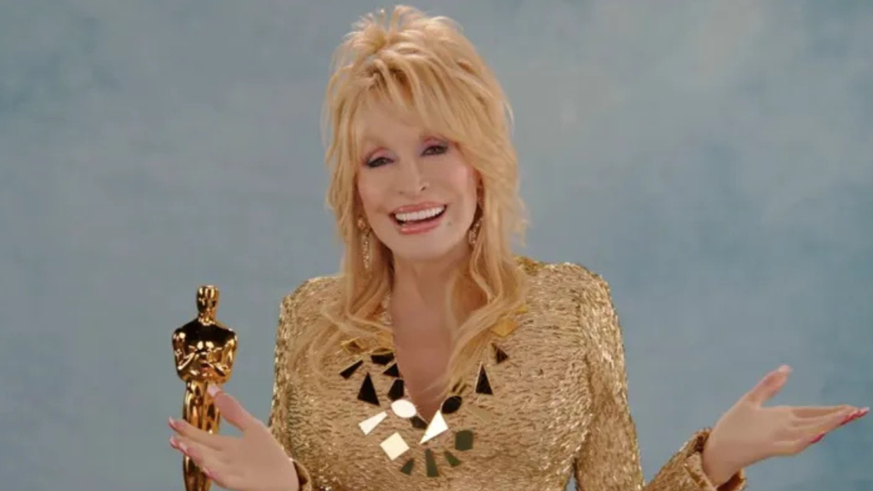 Dolly Parton accepts the Jean Hersholt Humanitarian Award in a video message from her Nashville home.