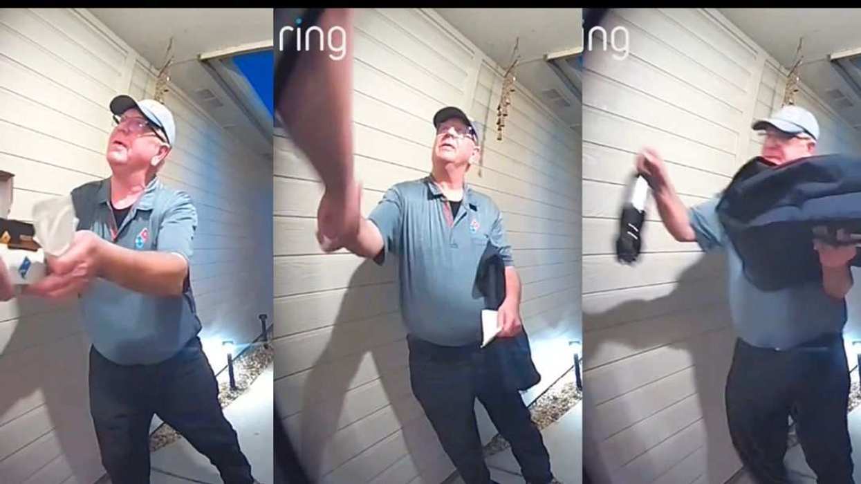 Domino’s delivery driver Dan Simpson is seen on a Ring camera going the extra mile during a viral Boise, Idaho delivery.