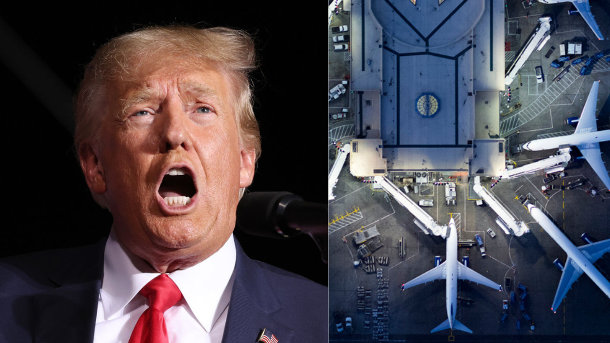 Donald Trump; airport terminal with jumbo jets viewed from above