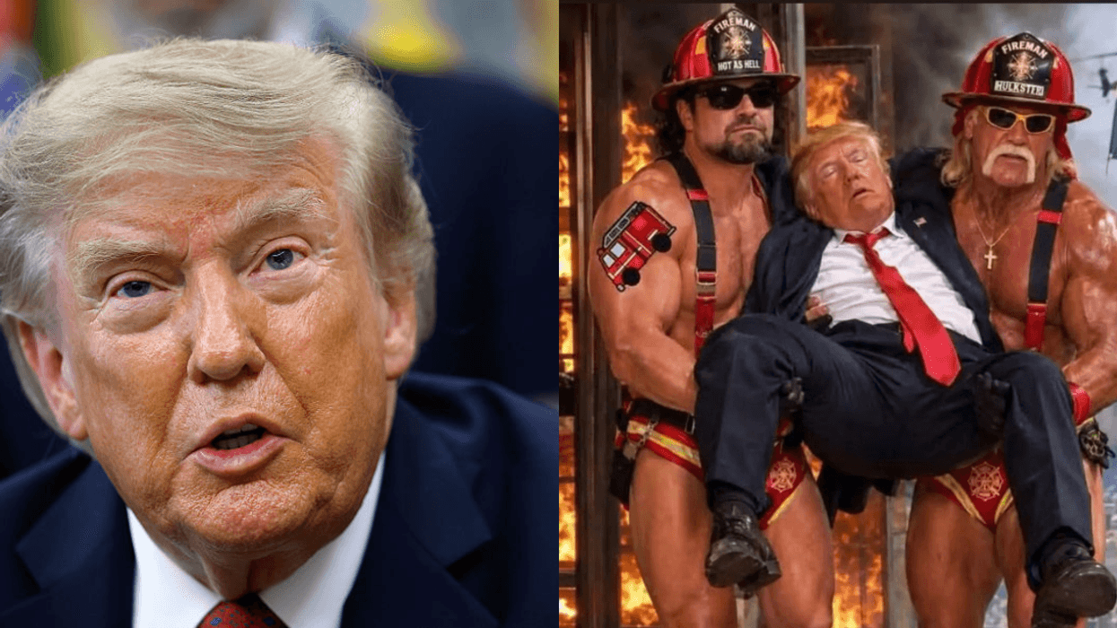Donald Trump; meme showing firefighters carrying Donald Trump