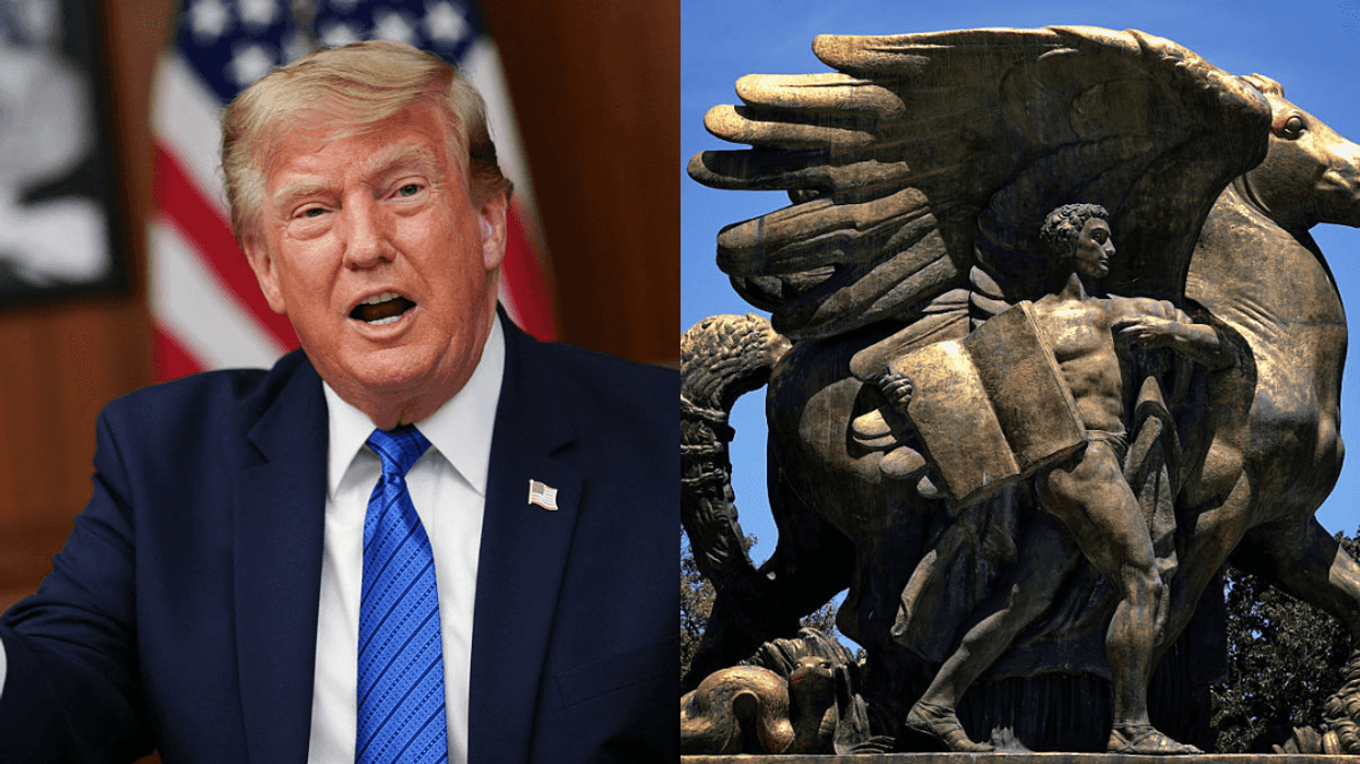 Donald Trump; one of the two The Arts of Peace statues stands near Lincoln Memorial