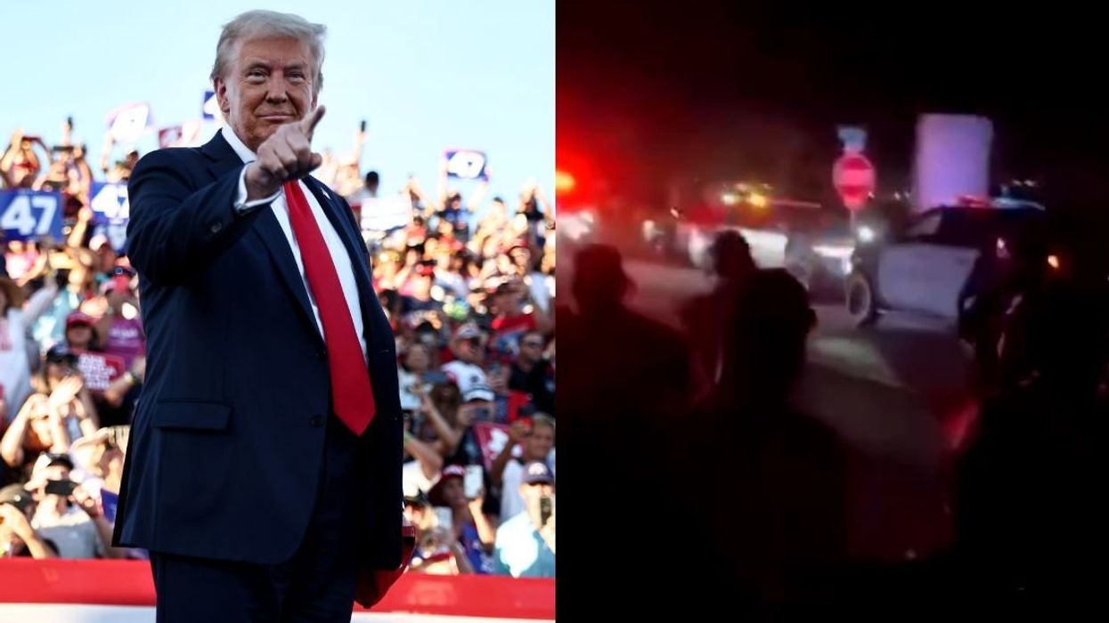 Donald Trump; screenshot from video of stranded MAGA crowd in the night desert.