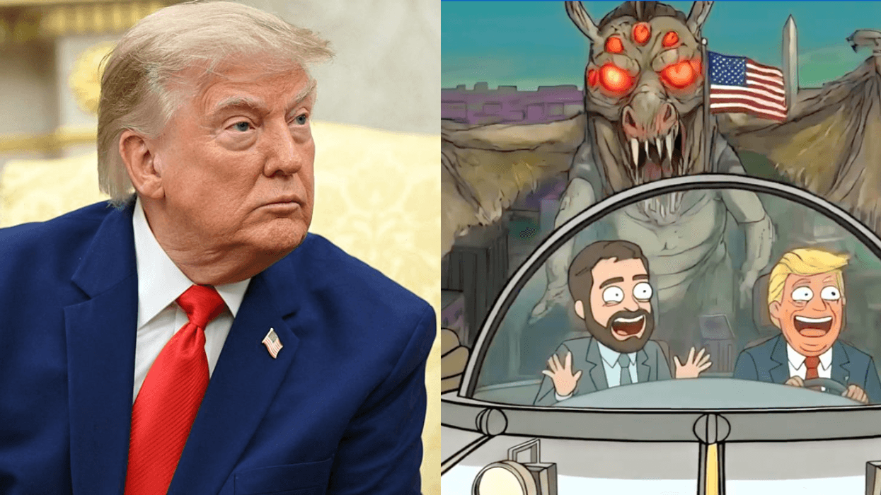Donald Trump; Screenshot of JD Vance and Donald Trump cartoons from 'Rick and Morty' style video