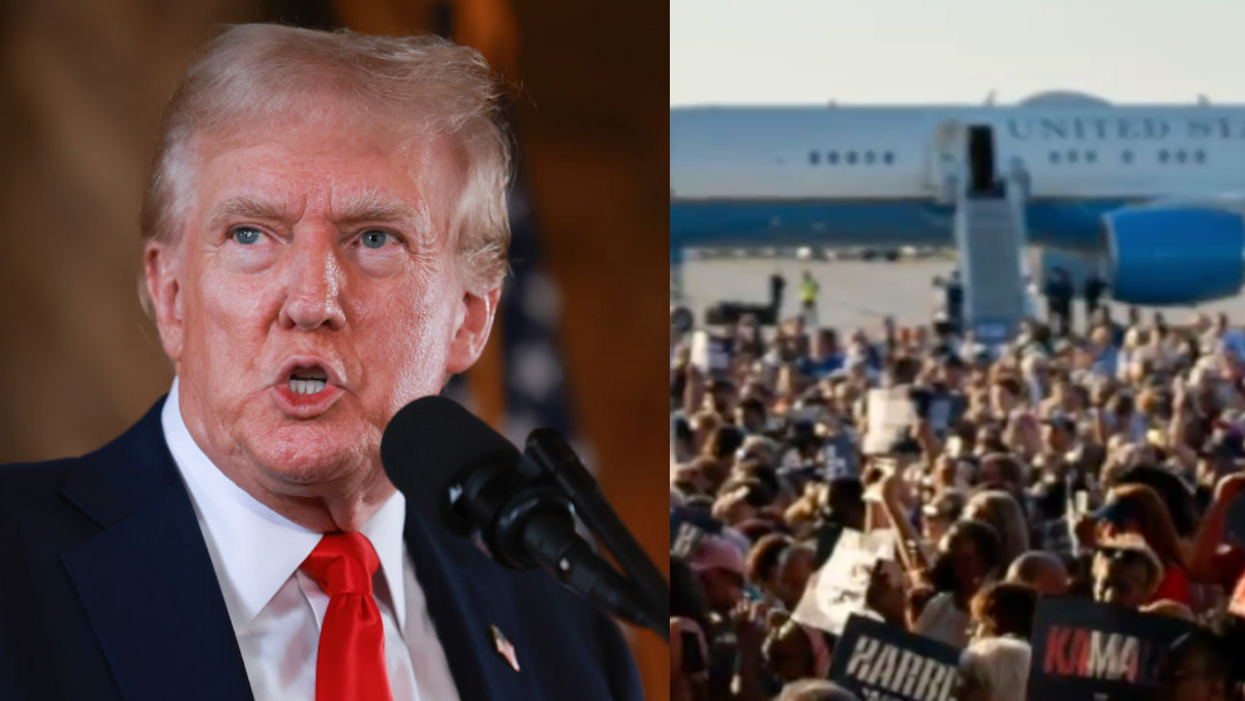 Donald Trump; Screenshot of Kamala Harris supporters