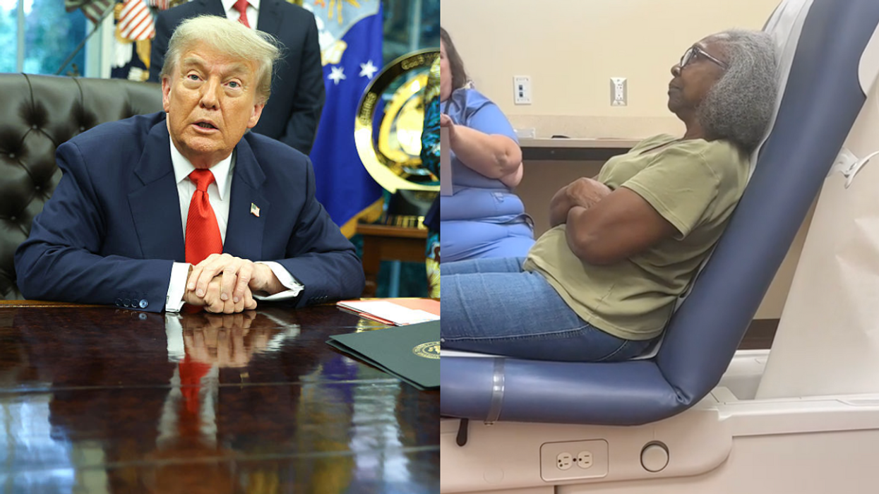 Donald Trump sitting at his desk in the oval office; An elderly Black woman