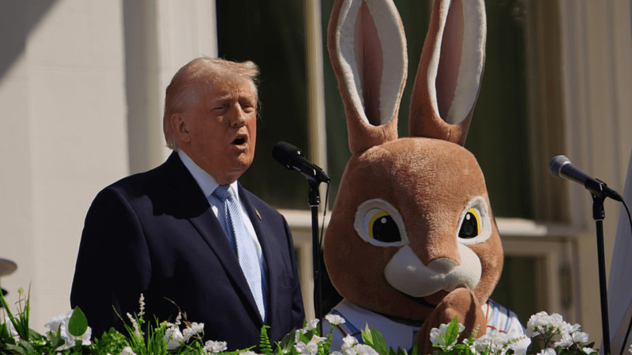 Donald Trump speaks next to the Easter bunny at the Easter Egg Roll