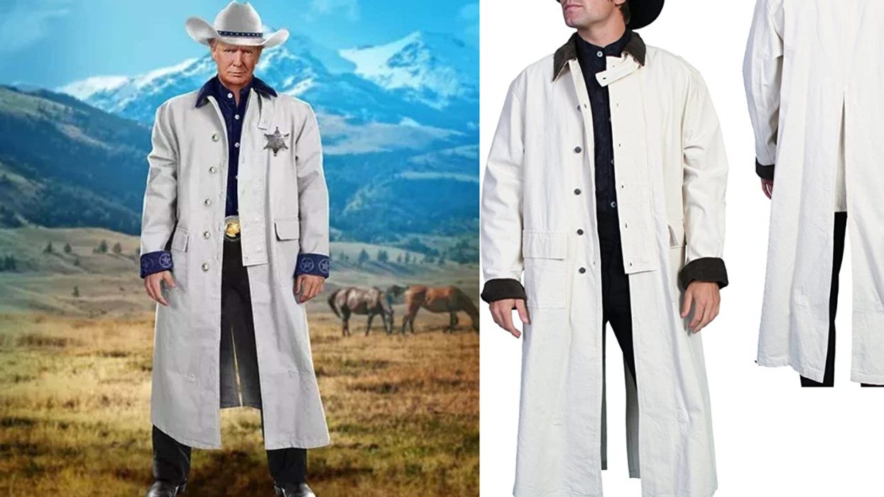 Donald Trump trading card image; Scully Sportswear brand men's duster product image