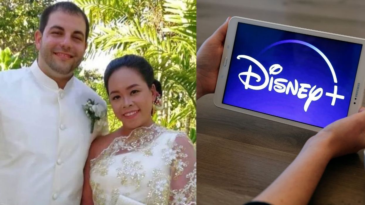 Dr. Kanokporn Tangsuan with husband Jeffrey Piccolo; Disney+ logo on tablet device