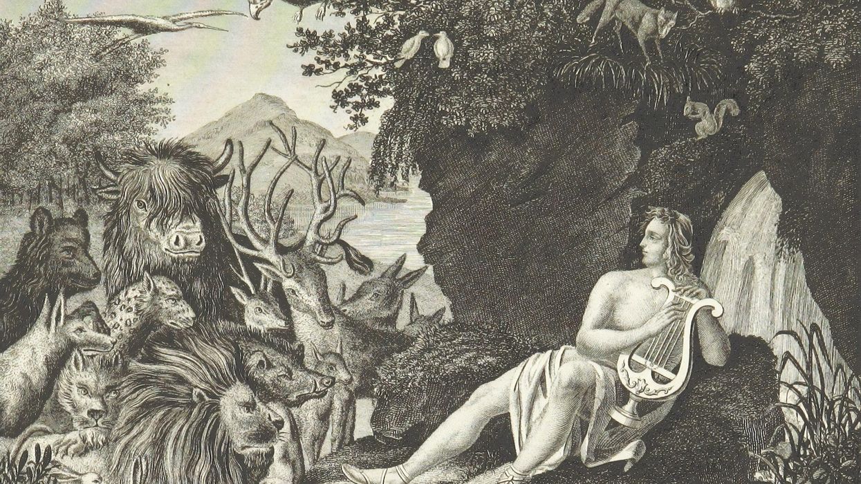 Drawing of man holding lyre looking at an array of animals