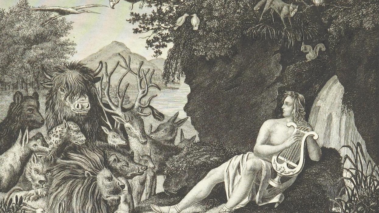 Drawing of man holding lyre looking at an array of animals