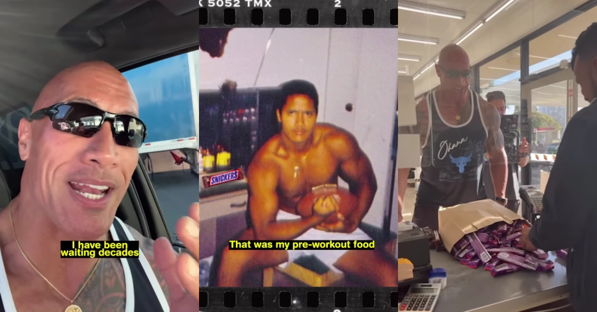 Dwayne 'The Rock' Johnson  in his car; an image from his youth; buying snickers at the cash register