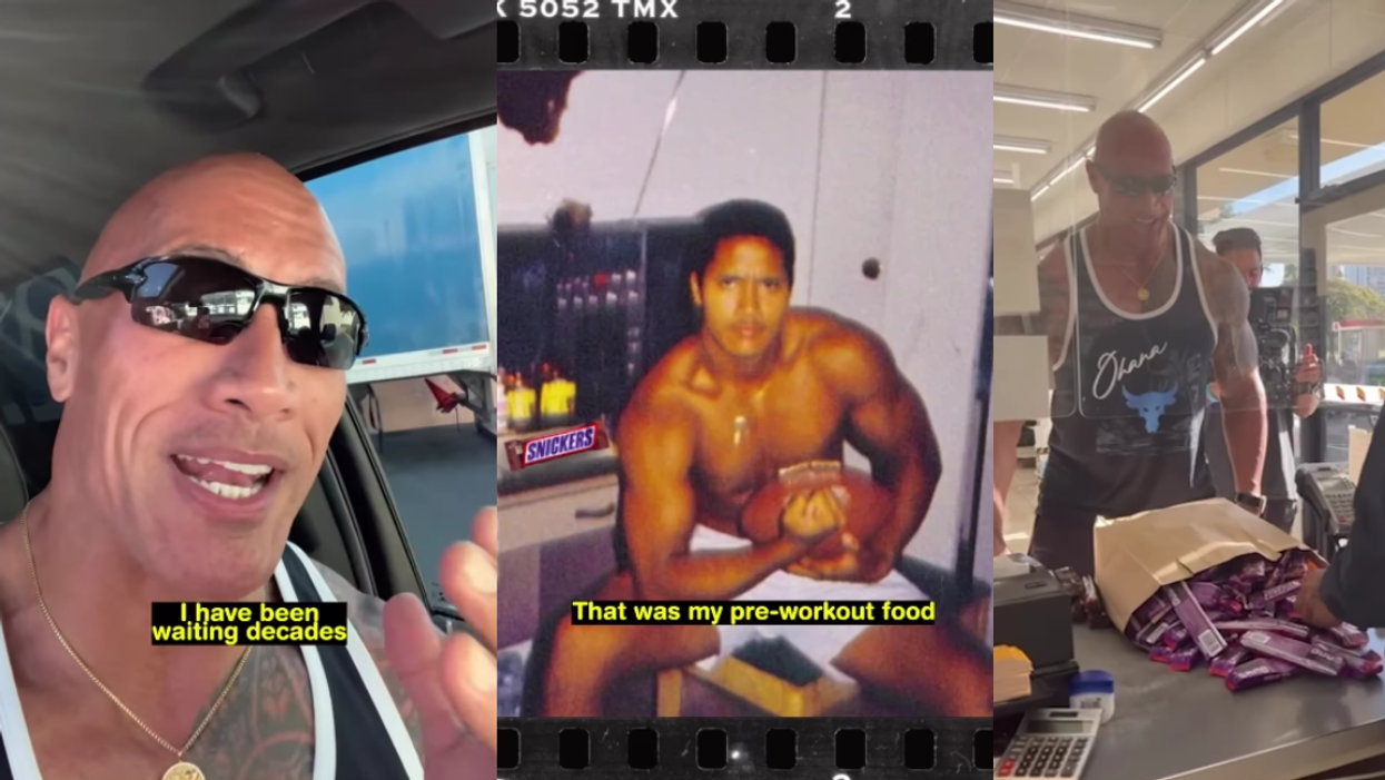 Dwayne 'The Rock' Johnson in his car; an image from his youth; buying snickers at the cash register