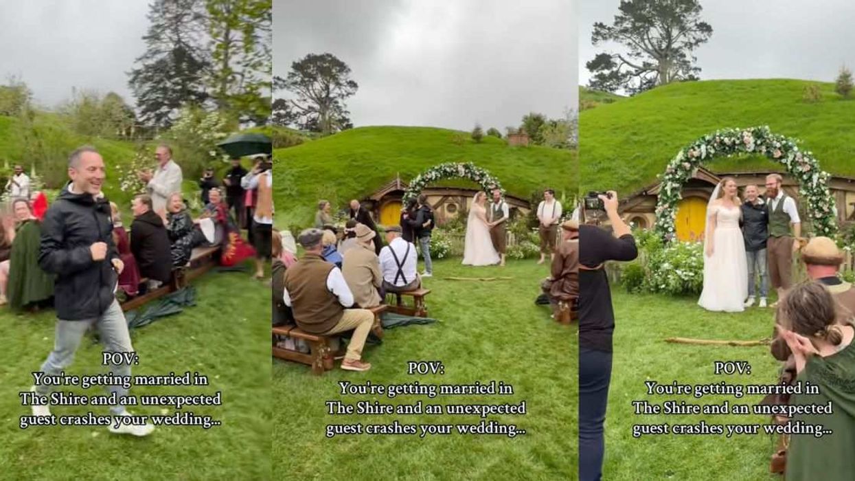 Elijah Wood surprises a pair of Lord of the Rings fans mid-vow at their real-life Hobbiton wedding.