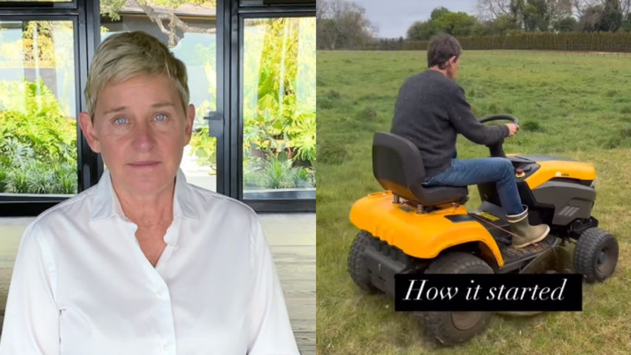 Ellen DeGeneres; Ellen DeGeneres on a lawn mower in the UK