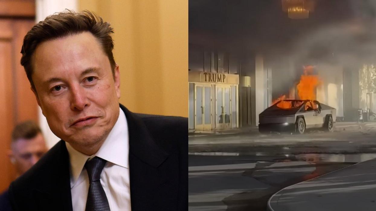 Elon Musk; screenshot from video of Tesla Cybertruck on fire outside Trump Hotel