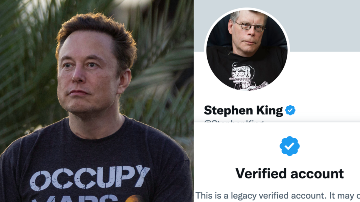 Elon Musk; screenshot of Stephen King's Twitter profile with the text "Verified account, This is a legacy verified account. It may or may" the text is cut off before the end of the sentence.