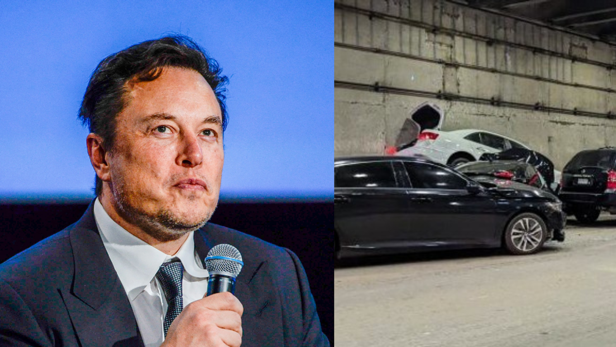 Elon Musk; screenshot of Tesla involved accident in Bay Bridge tunnel in San Francisco, California