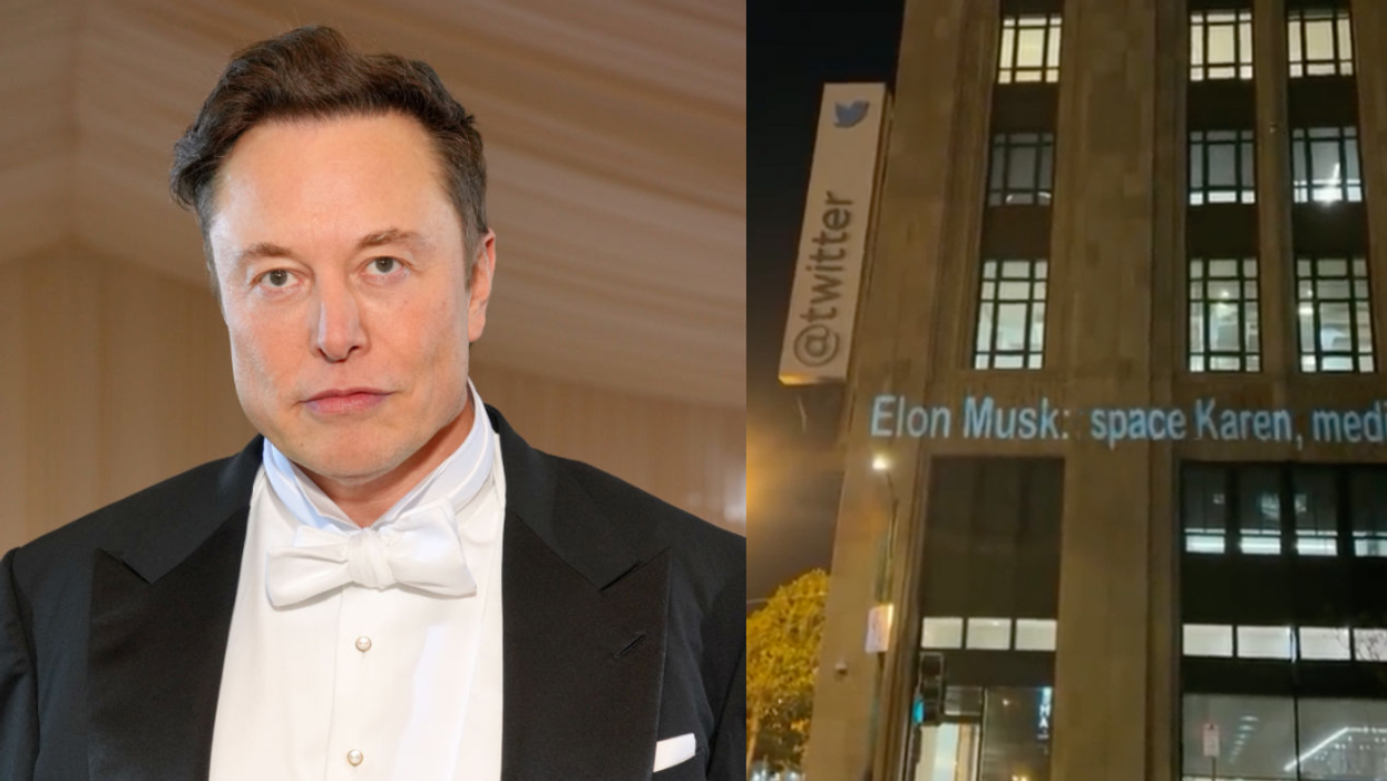 Elon Musk; Twitter building with 'space Karen' projection