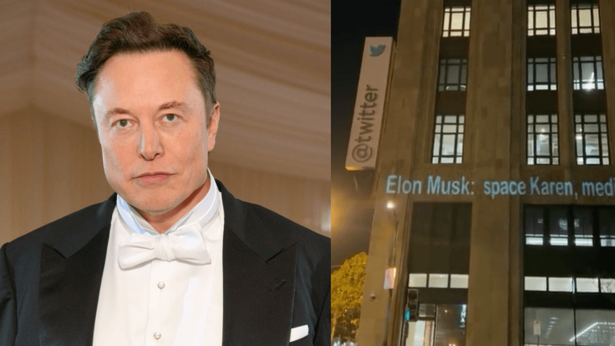 Elon Musk; Twitter building with 'space Karen' projection