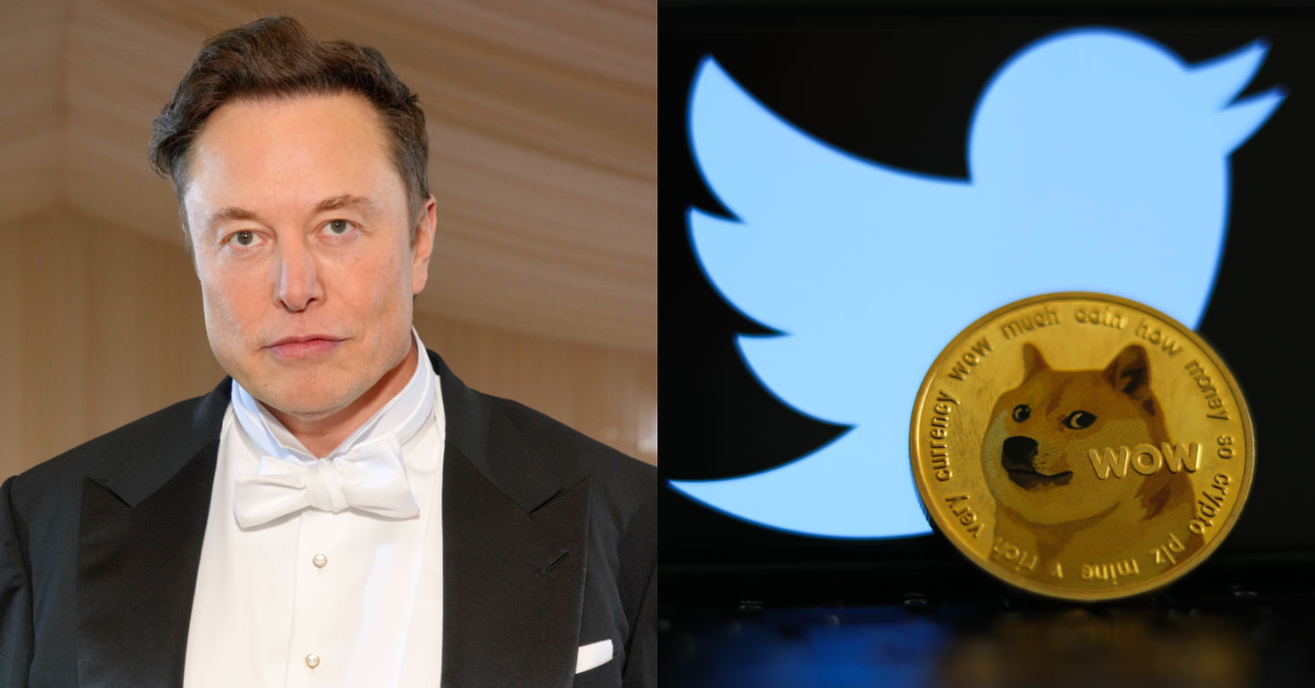 Elon Musk; Twitter logo and Dogecoin logo