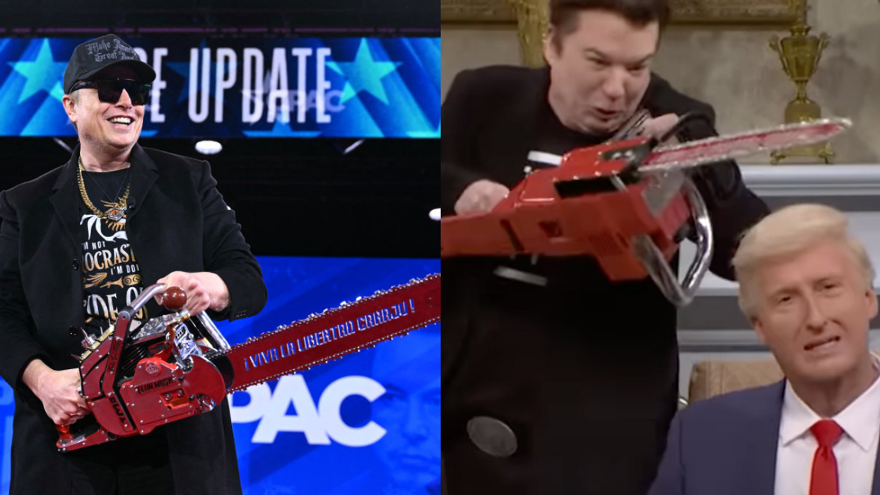 Elon Musk with chainsaw; Screenshot of Mike Myers as Musk with chainsaw