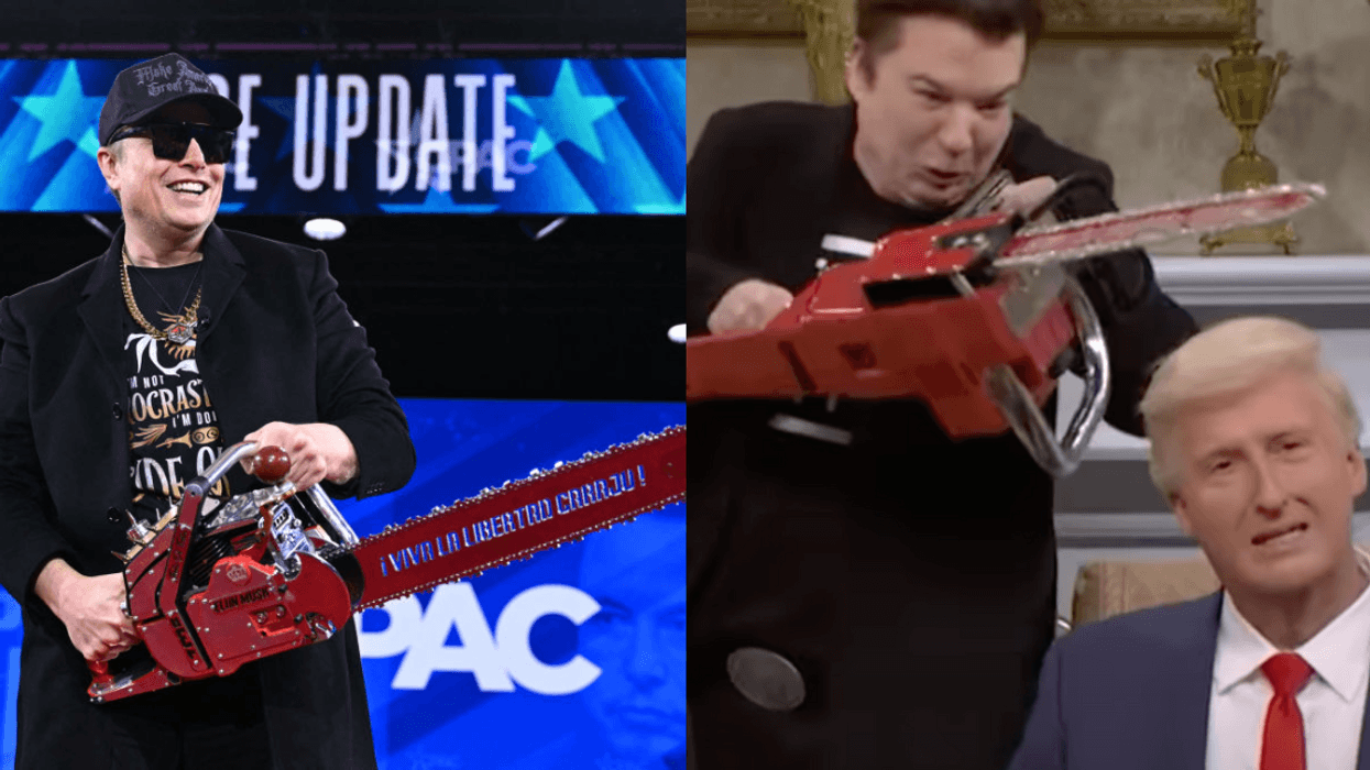 Elon Musk with chainsaw; Screenshot of Mike Myers as Musk with chainsaw