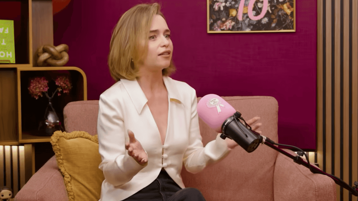 Emilia Clarke talking into a microphone on the How To Fail With Elizabeth Day podcast.