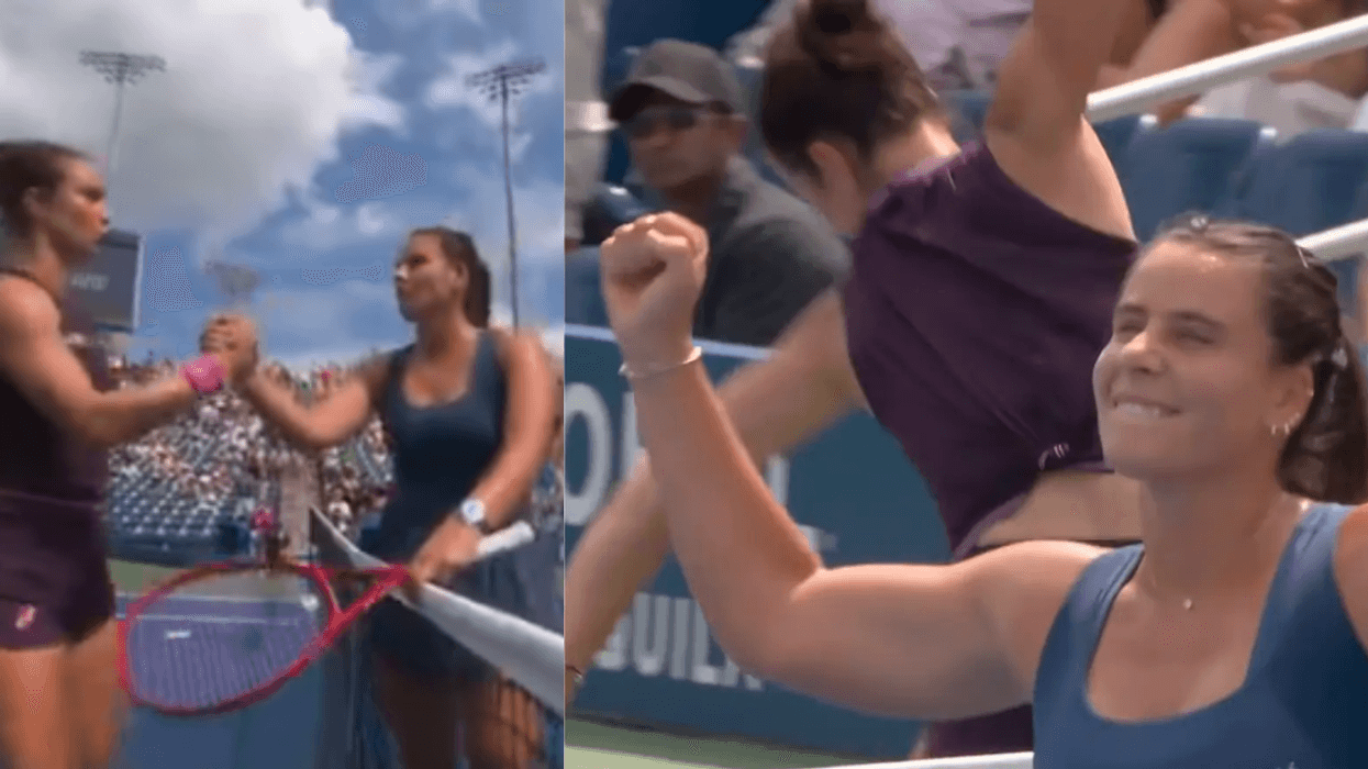 Emma Navarro and Lois Boisson shaking hands; Navarro celebrating win while Boisson destroys tennis racket