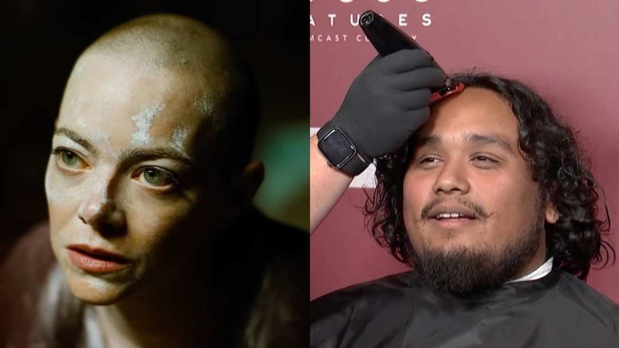 Emma Stone; moviegoer having head shaved
