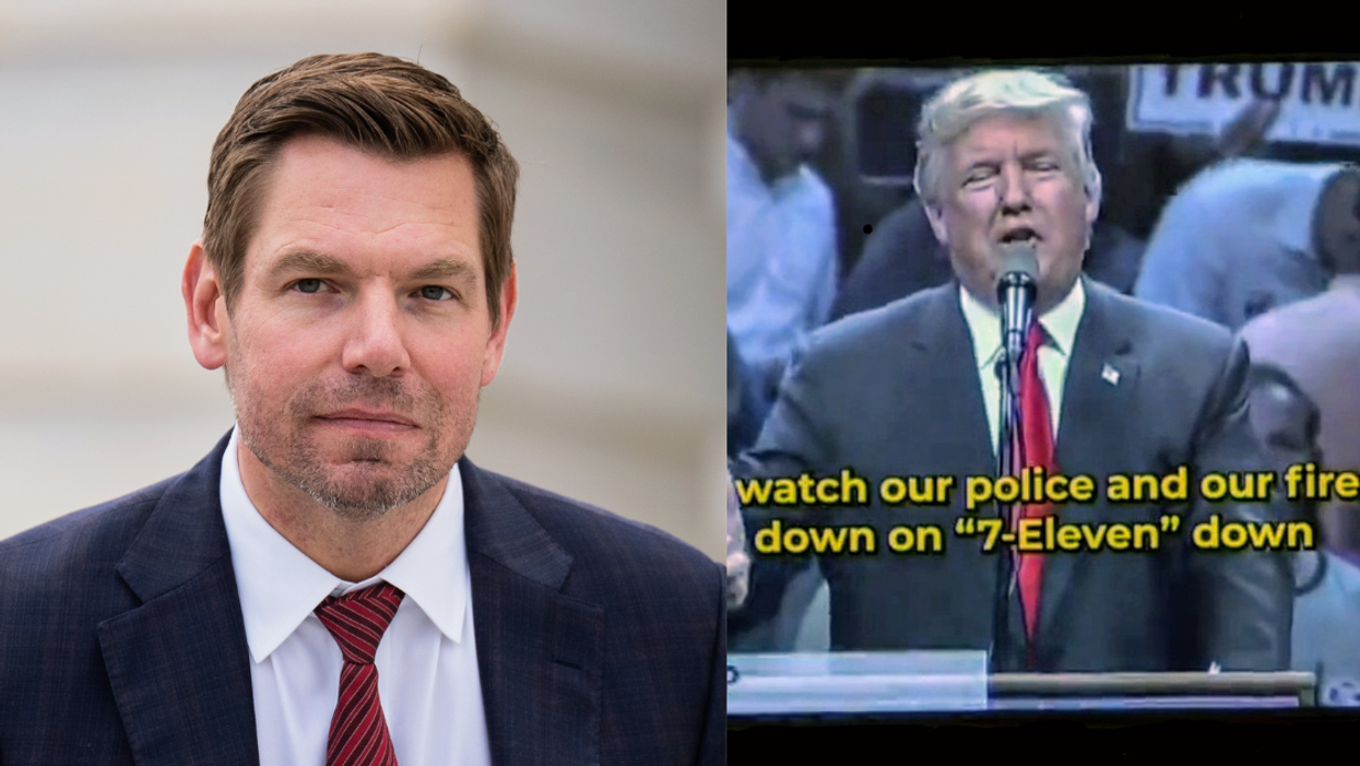 Eric Swalwell; screenshot of Trump gaffe supercut
