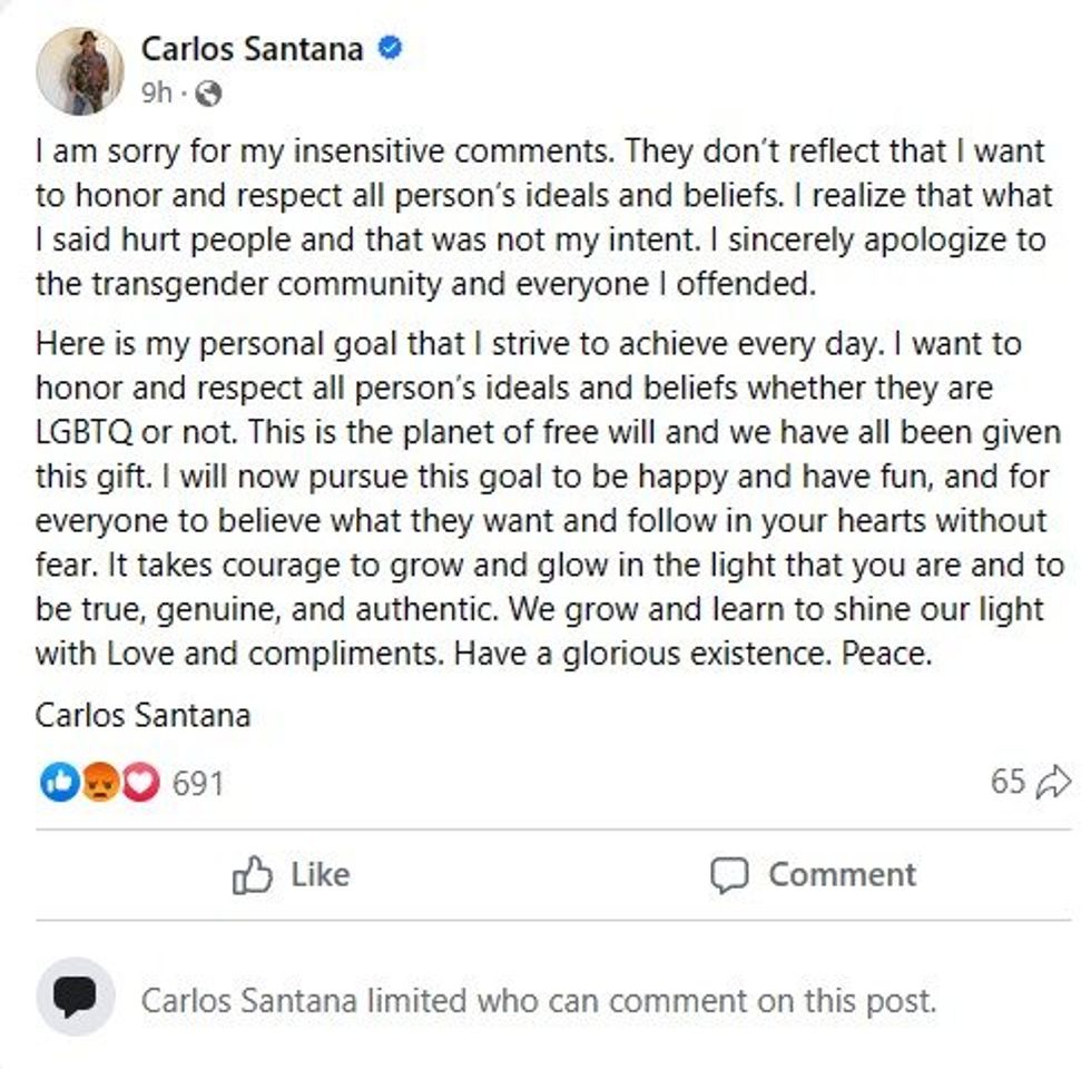 Facebook screenshot of Carlos Santana's post