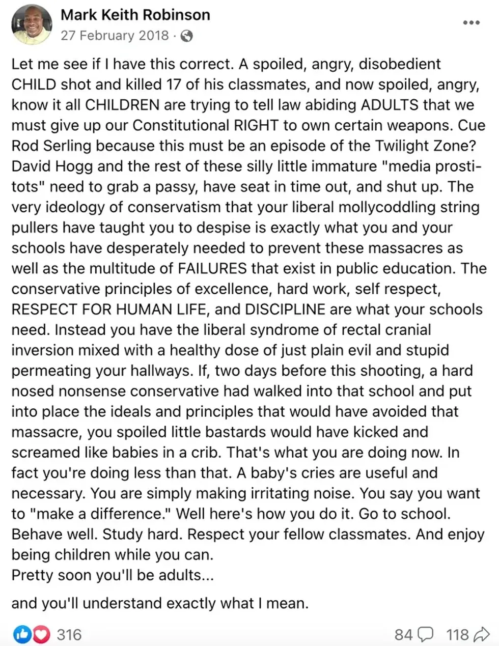 Facebook screenshot of Mark Keith Robinson's post.
