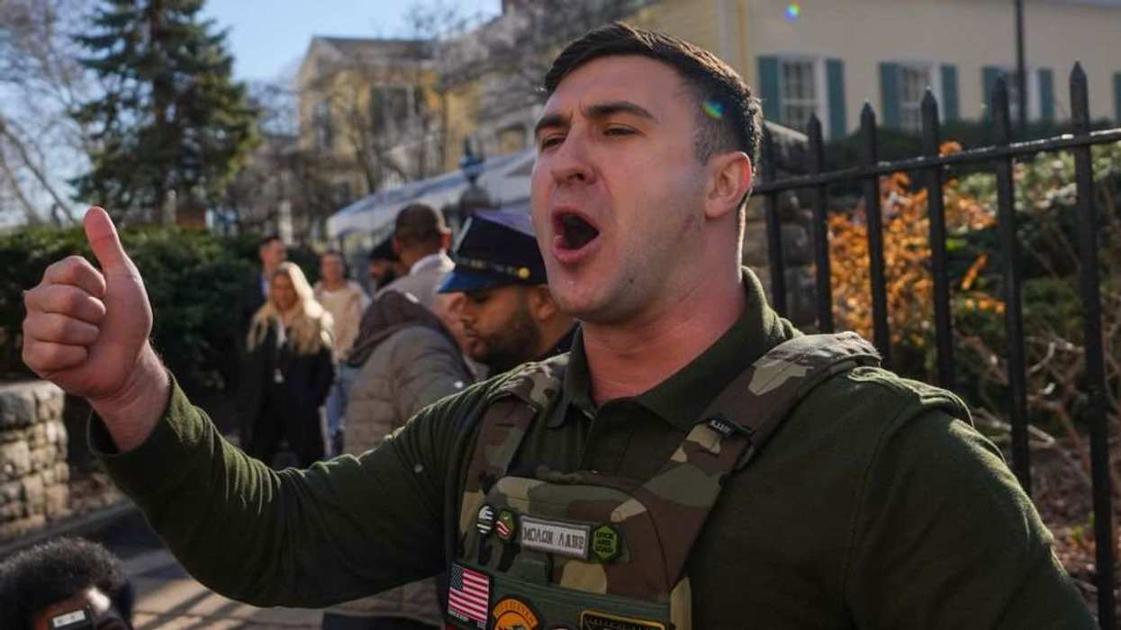 Far-right influencer Jake Lang speaks in front of Gracie Mansion in New York City.