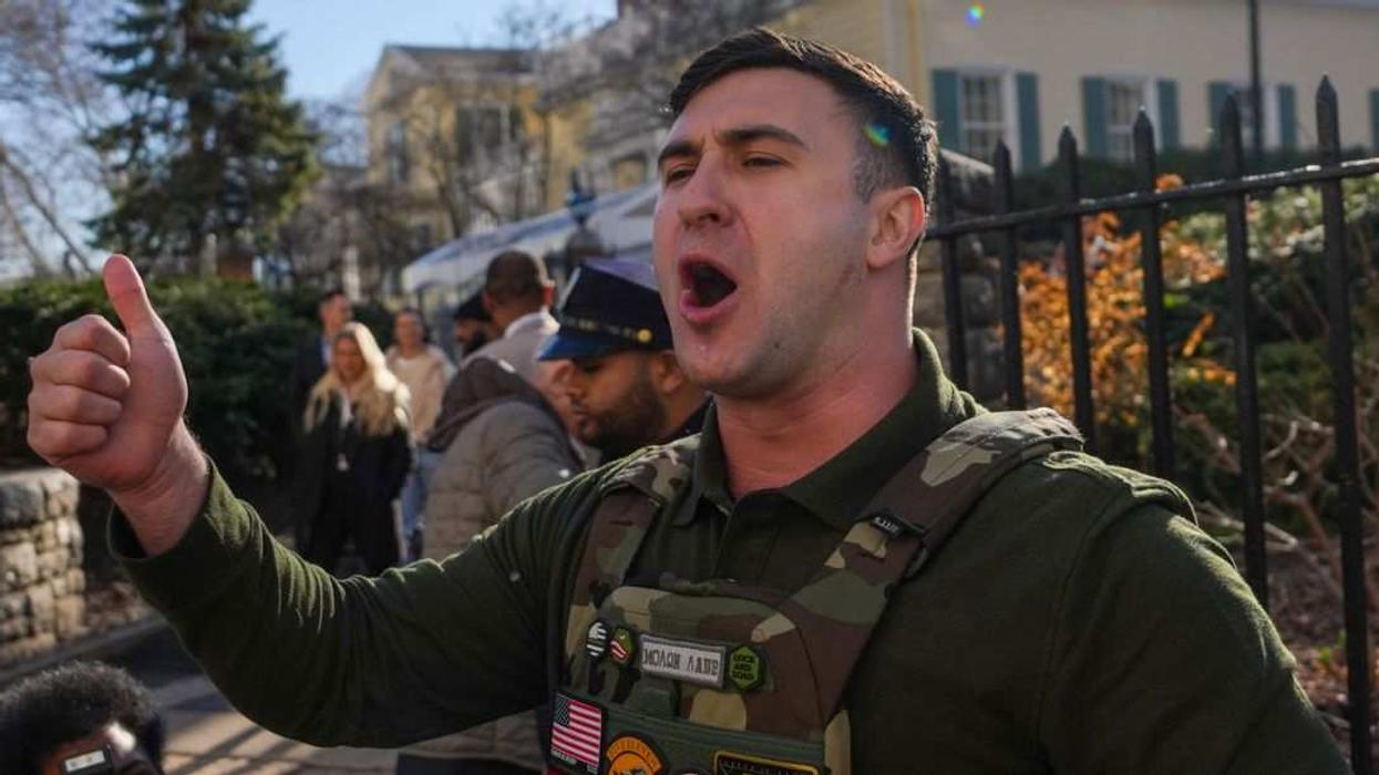 Far-right influencer Jake Lang speaks in front of Gracie Mansion in New York City.