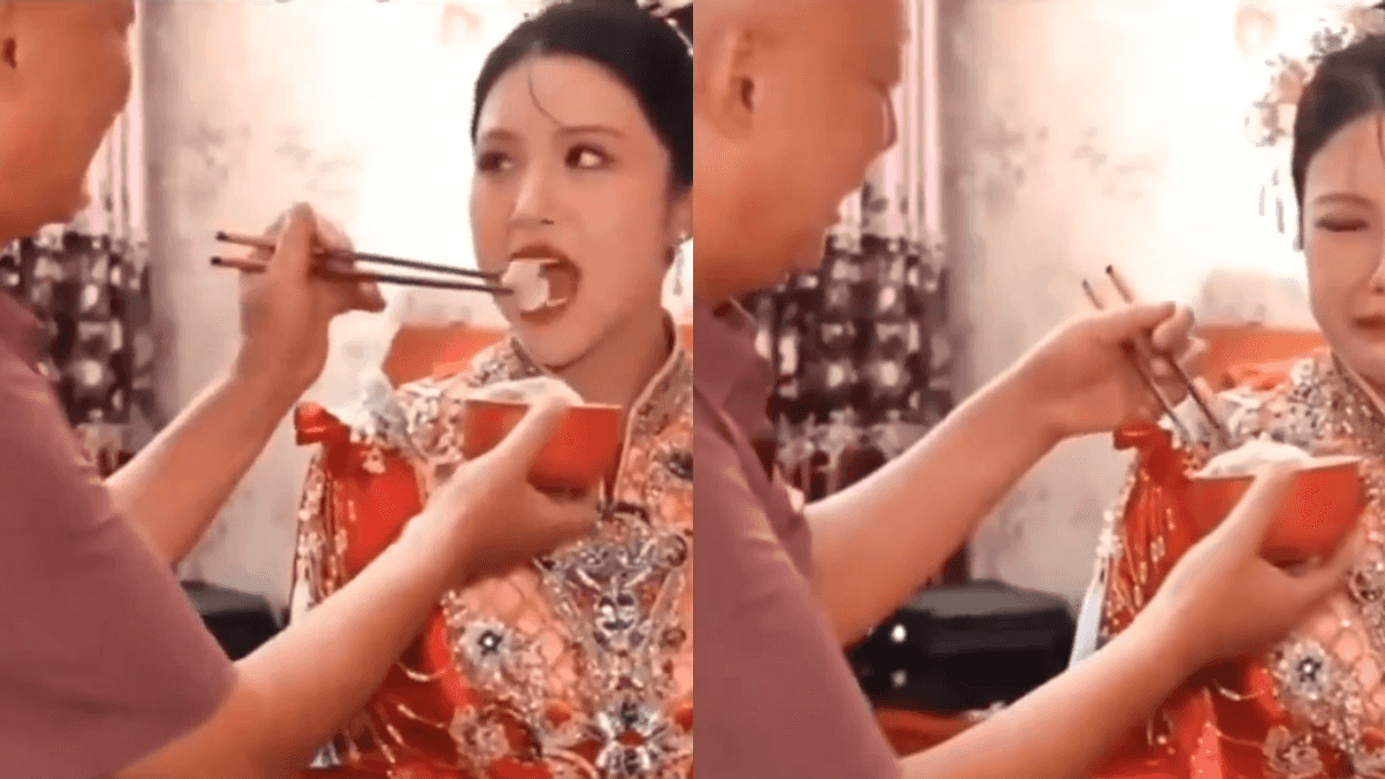 Father and bride performing 'Last Bite Ritual' in China