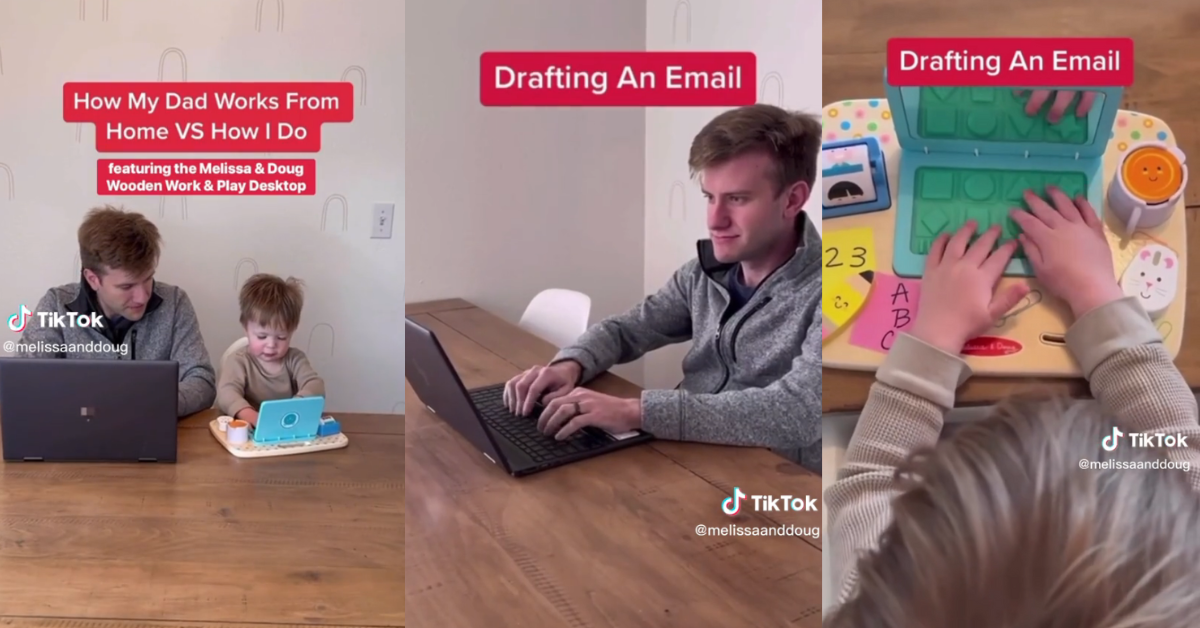 Father and son testing out Melissa & Doug's "Work From Home" toy